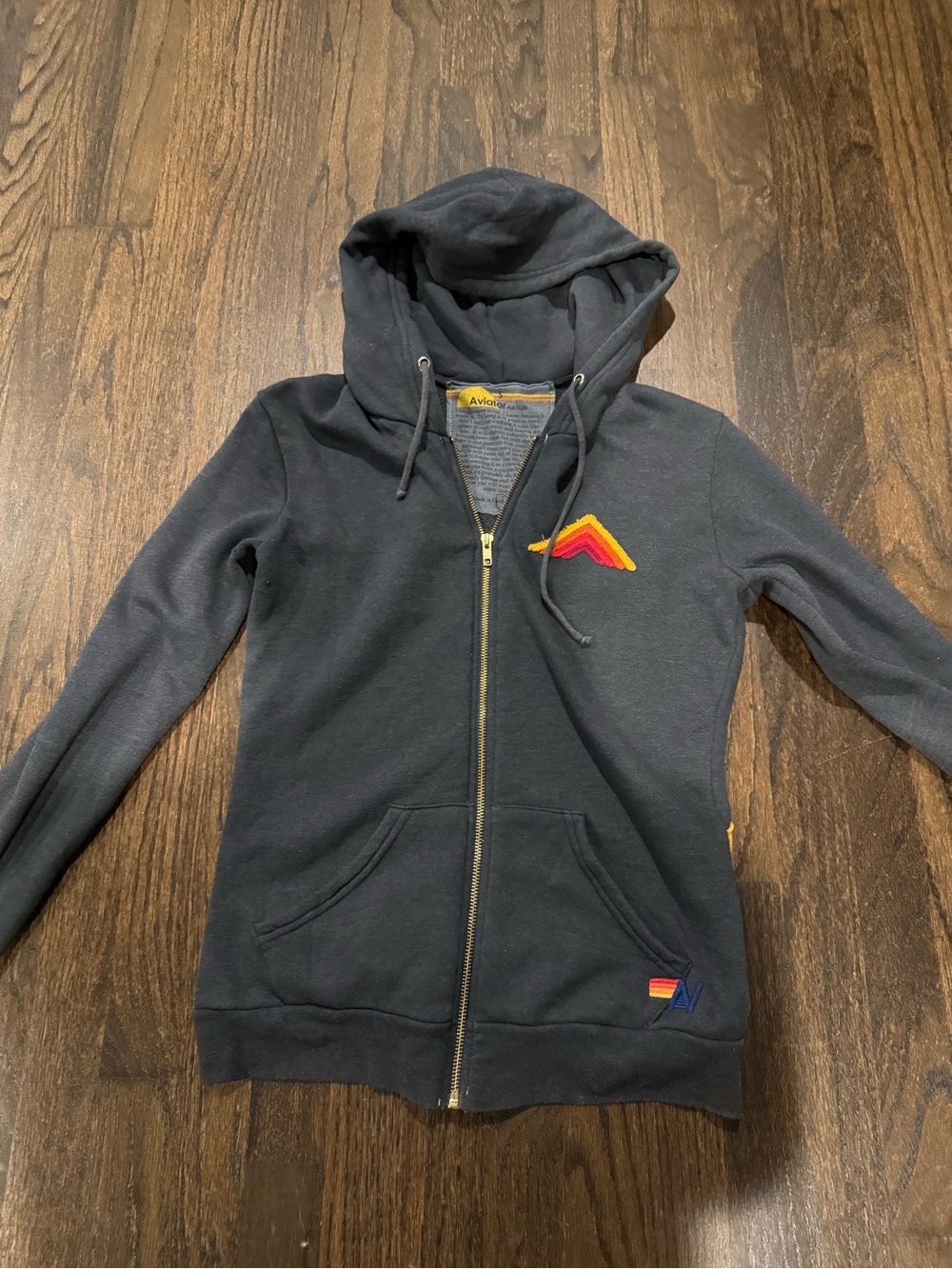 Aviator Nation Black Zip Hoodie with Chevron Patch